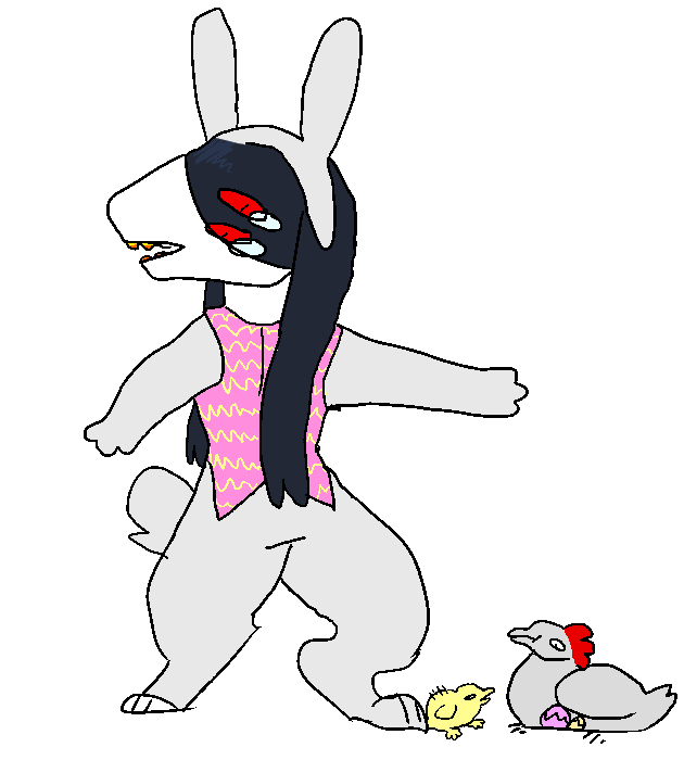 Monster with long hair crys in a rabbit suit.png